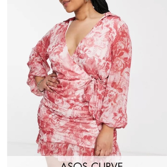 New ASOS Ruffle Chiffon Dress Sz 20 Long Sleeves Faux Wrap Toile Barbiecore - Picture 2 of 11